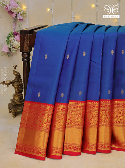 Pure kanchipuram silk saree dual shade of blue and red with zari woven buttas and long annam zari woven korvai border