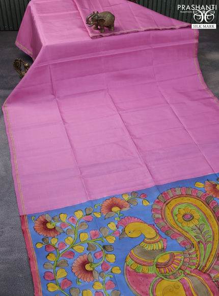 Pure soft silk saree light pink and blue with plain body and pen kalamkari hand paint printed pallu