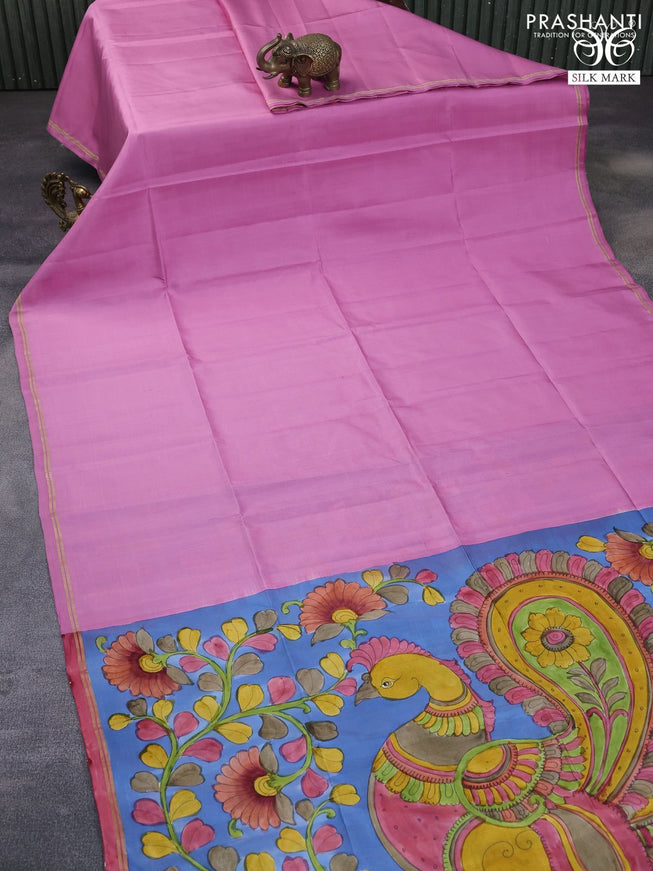 Pure soft silk saree light pink and blue with plain body and pen kalamkari hand paint printed pallu