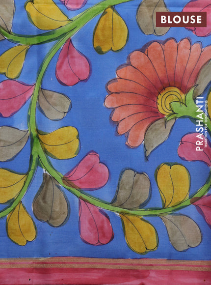 Pure soft silk saree light pink and blue with plain body and pen kalamkari hand paint printed pallu