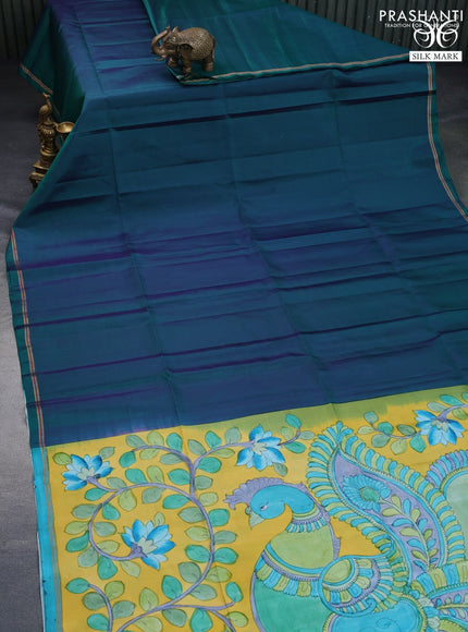 Pure soft silk saree dual shade of peacock green and yellow with plain body and pen kalamkari hand paint printed pallu