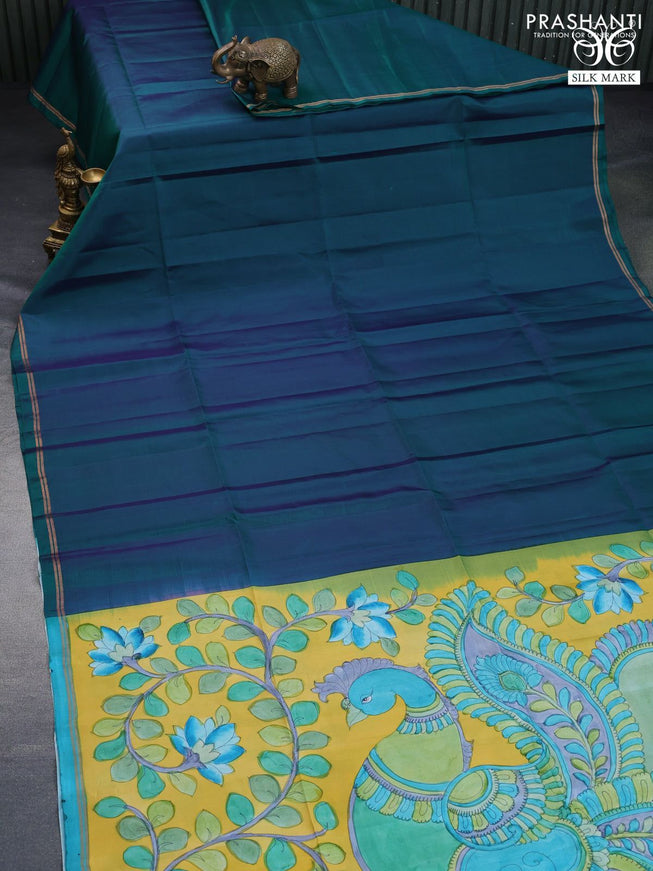 Pure soft silk saree dual shade of peacock green and yellow with plain body and pen kalamkari hand paint printed pallu