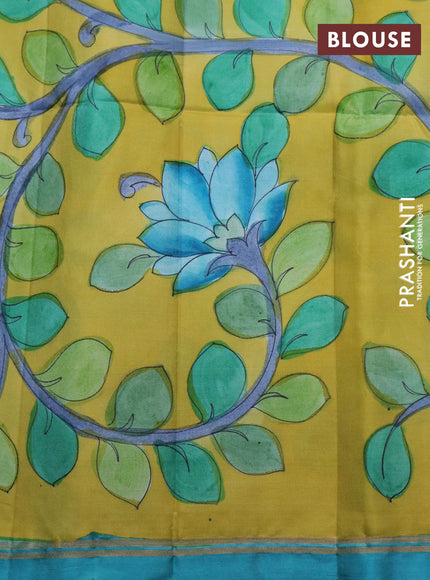 Pure soft silk saree dual shade of peacock green and yellow with plain body and pen kalamkari hand paint printed pallu