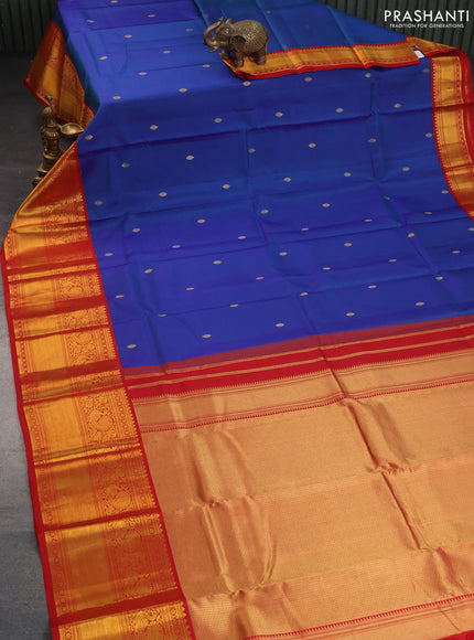 Pure kanchipuram silk saree dual shade of blue and red with zari woven buttas and long annam zari woven korvai border