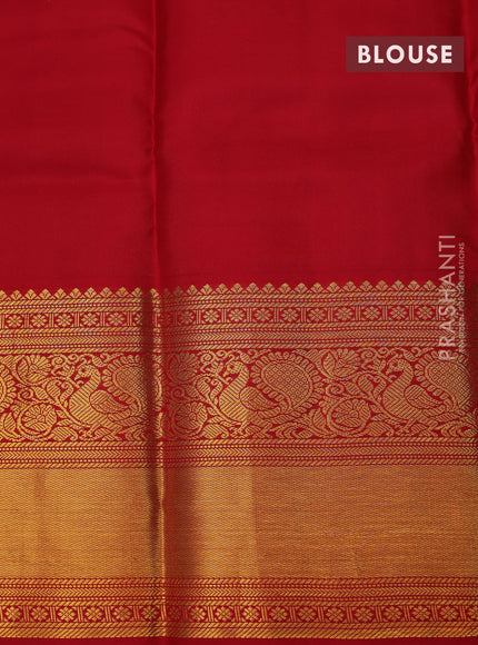 Pure kanchipuram silk saree dual shade of blue and red with zari woven buttas and long annam zari woven korvai border