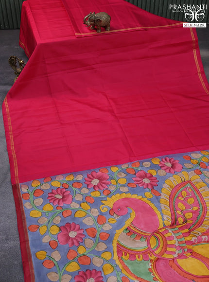 Pure soft silk saree pink and grey with plain body and pen kalamkari hand paint printed pallu