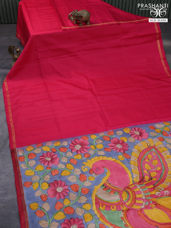 Pure soft silk saree pink and grey with plain body and pen kalamkari hand paint printed pallu