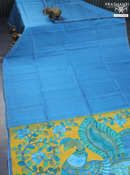 Pure soft silk saree blue shade and yellow with plain body and pen kalamkari hand paint printed pallu