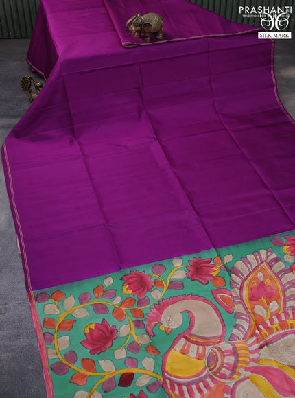 Pure soft silk saree deep purple and green with plain body and pen kalamkari hand paint printed pallu