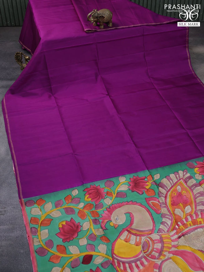 Pure soft silk saree deep purple and green with plain body and pen kalamkari hand paint printed pallu