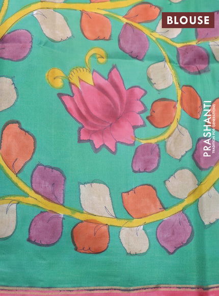 Pure soft silk saree deep purple and green with plain body and pen kalamkari hand paint printed pallu