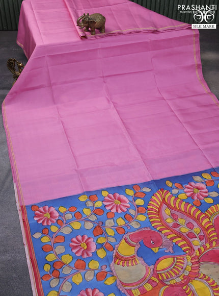 Pure soft silk saree light pink and blue with plain body and pen kalamkari hand paint printed pallu