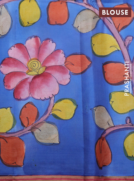 Pure soft silk saree light pink and blue with plain body and pen kalamkari hand paint printed pallu