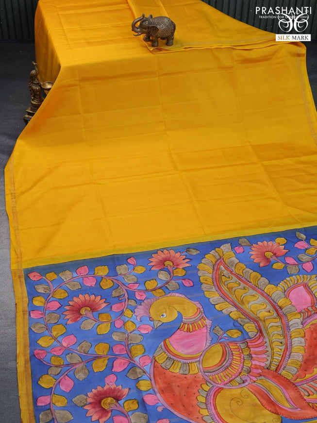 Pure soft silk saree mango yellow and blue with plain body and pen kalamkari hand painted pallu