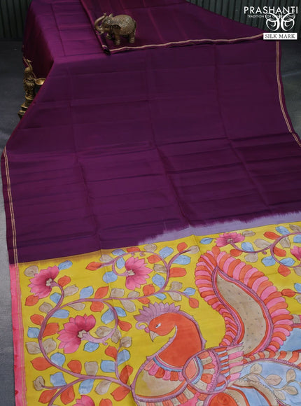 Pure soft silk saree deep purple and pink shade with plain body and pen kalamkari hand painted pallu