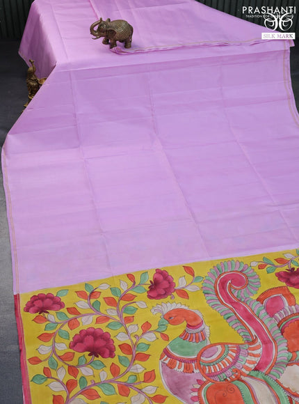 Pure soft silk saree lavender shade and yellow with plain body and pen kalamkari hand painted pallu