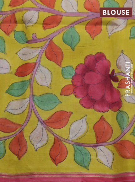 Pure soft silk saree lavender shade and yellow with plain body and pen kalamkari hand painted pallu