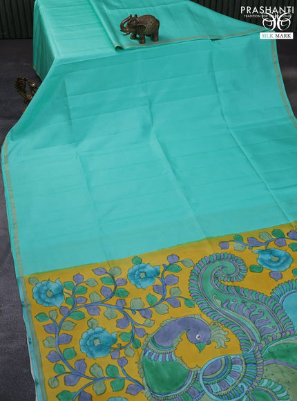 Pure soft silk saree teal blue and yellow with plain body and pen kalamkari hand painted pallu