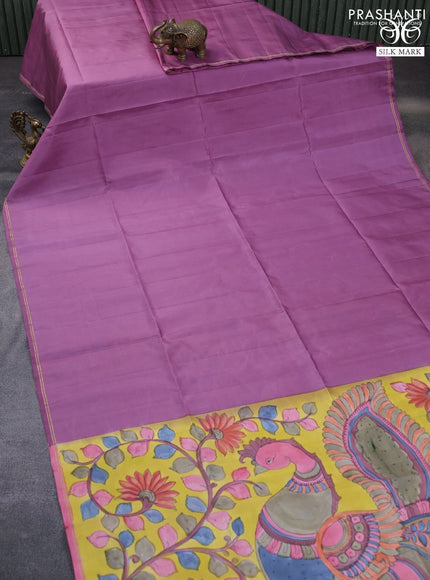 Pure soft silk saree mild purple and yellow with plain body and pen kalamkari hand painted pallu