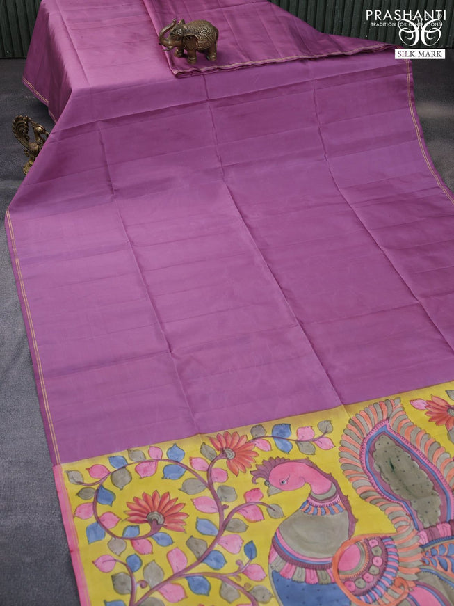 Pure soft silk saree mild purple and yellow with plain body and pen kalamkari hand painted pallu