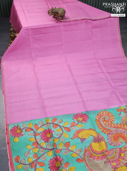 Pure soft silk saree lotus pink and green with plain body and pen kalamkari hand painted pallu