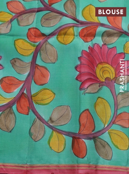 Pure soft silk saree lotus pink and green with plain body and pen kalamkari hand painted pallu