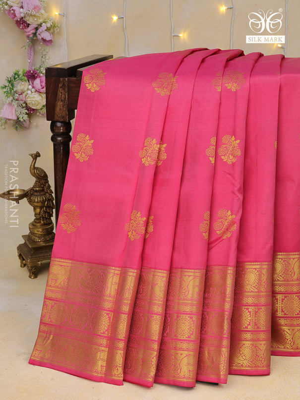 Pure kanchipuram silk saree pink and green with zari woven buttas and annam zari woven border