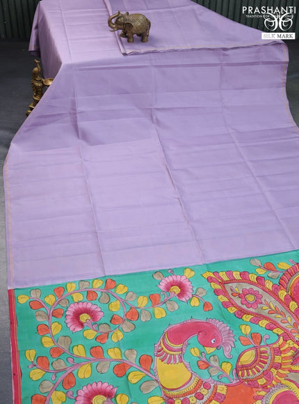 Pure soft silk saree pastel violet and green shade with plain body and pen kalamkari hand painted pallu