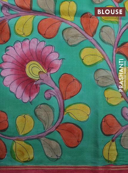 Pure soft silk saree pastel violet and green shade with plain body and pen kalamkari hand painted pallu