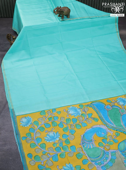 Pure soft silk saree teal blue and yellow with plain body and pen kalamkari hand painted pallu