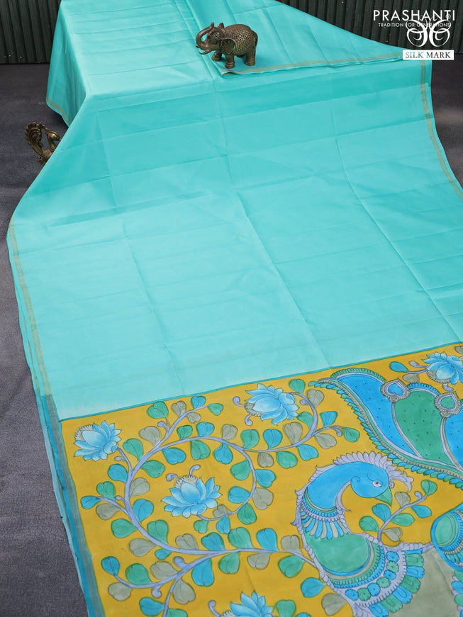 Pure soft silk saree teal blue and yellow with plain body and pen kalamkari hand painted pallu