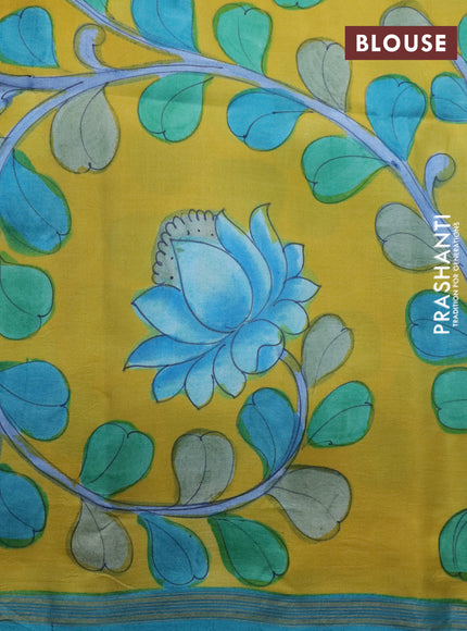 Pure soft silk saree teal blue and yellow with plain body and pen kalamkari hand painted pallu