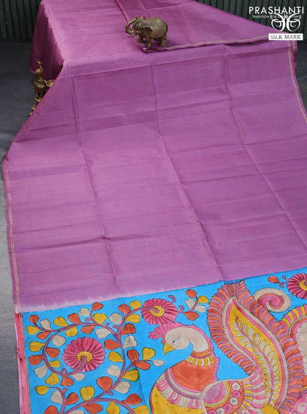 Pure soft silk saree pastel purple and blue with plain body and pen kalamkari hand painted pallu