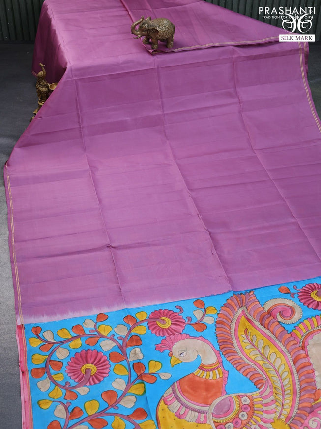 Pure soft silk saree pastel purple and blue with plain body and pen kalamkari hand painted pallu