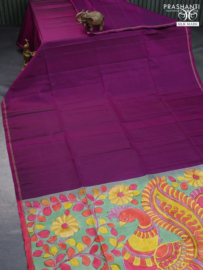 Pure soft silk saree purple and pastel green with plain body and pen kalamkari hand painted pallu