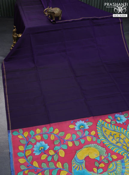 Pure soft silk saree deep violet and maroon with plain body and pen kalamkari hand painted pallu