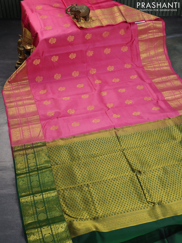 Pure kanchipuram silk saree pink and green with zari woven buttas and annam zari woven border