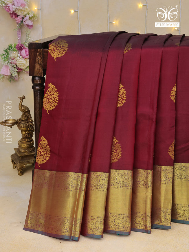 Pure kanchipuram silk saree maroon and dual shade of teal green with zari woven buttas and zari woven border