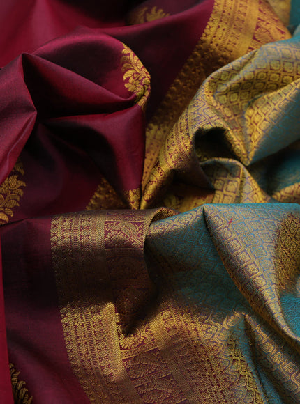 Pure kanchipuram silk saree maroon and dual shade of teal green with zari woven buttas and zari woven border