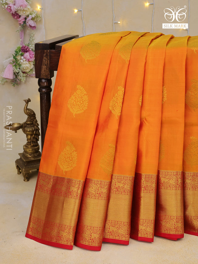 Pure kanchipuram silk saree mustard yellow and red with zari woven buttas and zari woven border