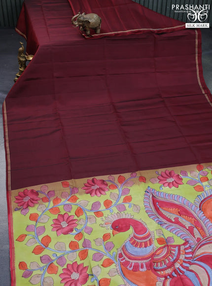 Pure soft silk saree deep maroon and lime green with plain body and pen kalamkari hand painted pallu