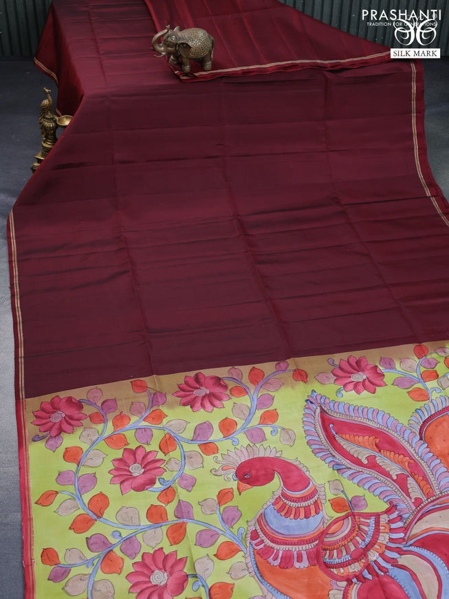 Pure soft silk saree deep maroon and lime green with plain body and pen kalamkari hand painted pallu