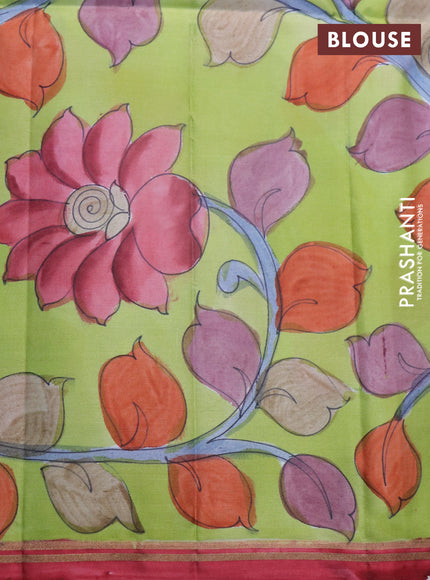 Pure soft silk saree deep maroon and lime green with plain body and pen kalamkari hand painted pallu