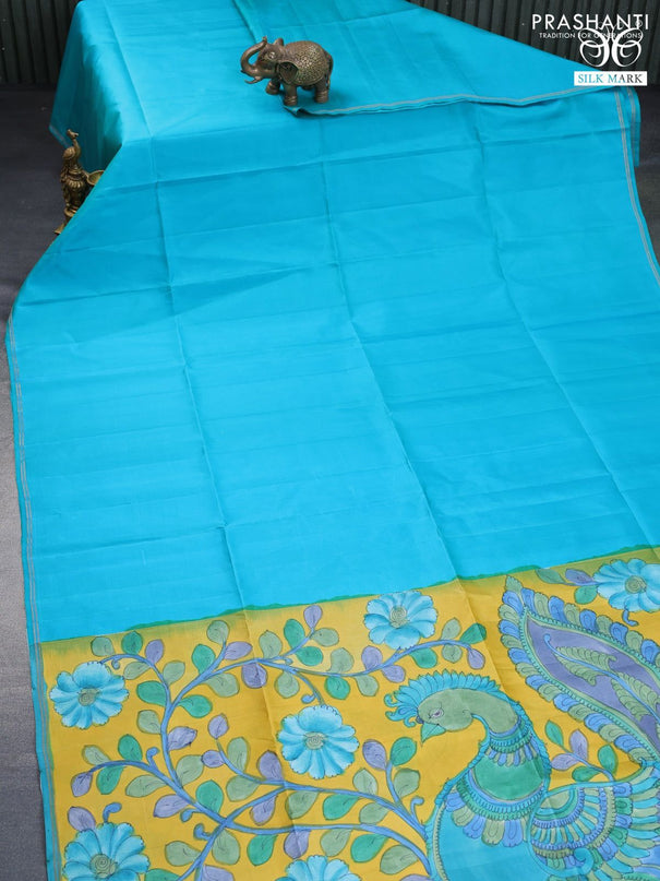 Pure soft silk saree teal blue and yellow with plain body and pen kalamkari hand painted pallu