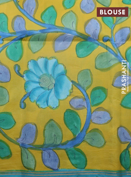 Pure soft silk saree teal blue and yellow with plain body and pen kalamkari hand painted pallu