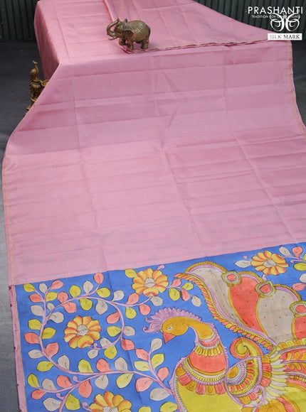 Pure soft silk saree pastel pink and blue with plain body and pen kalamkari hand painted pallu