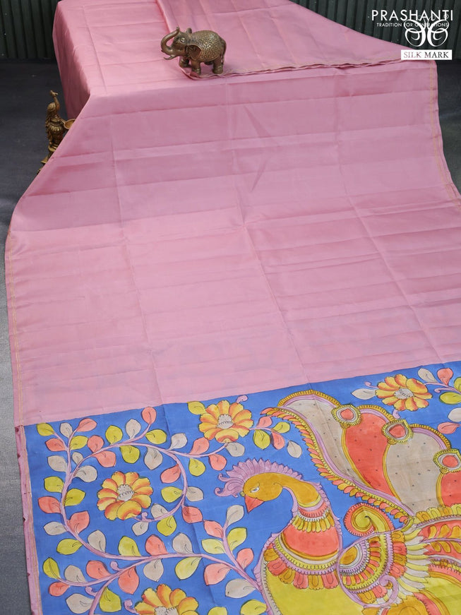 Pure soft silk saree pastel pink and blue with plain body and pen kalamkari hand painted pallu