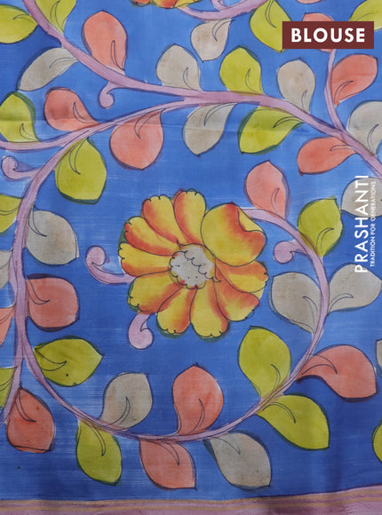 Pure soft silk saree pastel pink and blue with plain body and pen kalamkari hand painted pallu