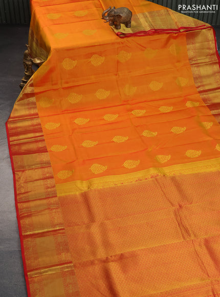 Pure kanchipuram silk saree mustard yellow and red with zari woven buttas and zari woven border