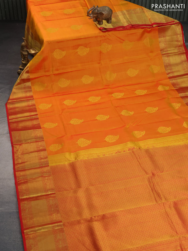 Pure kanchipuram silk saree mustard yellow and red with zari woven buttas and zari woven border